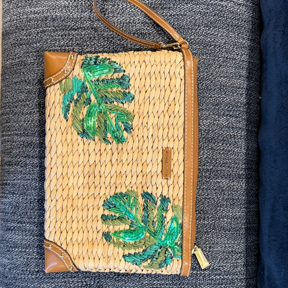 Michael Kors Woven Clutch with Green Leaf Embroidery- GREAT VACATION PURSE!